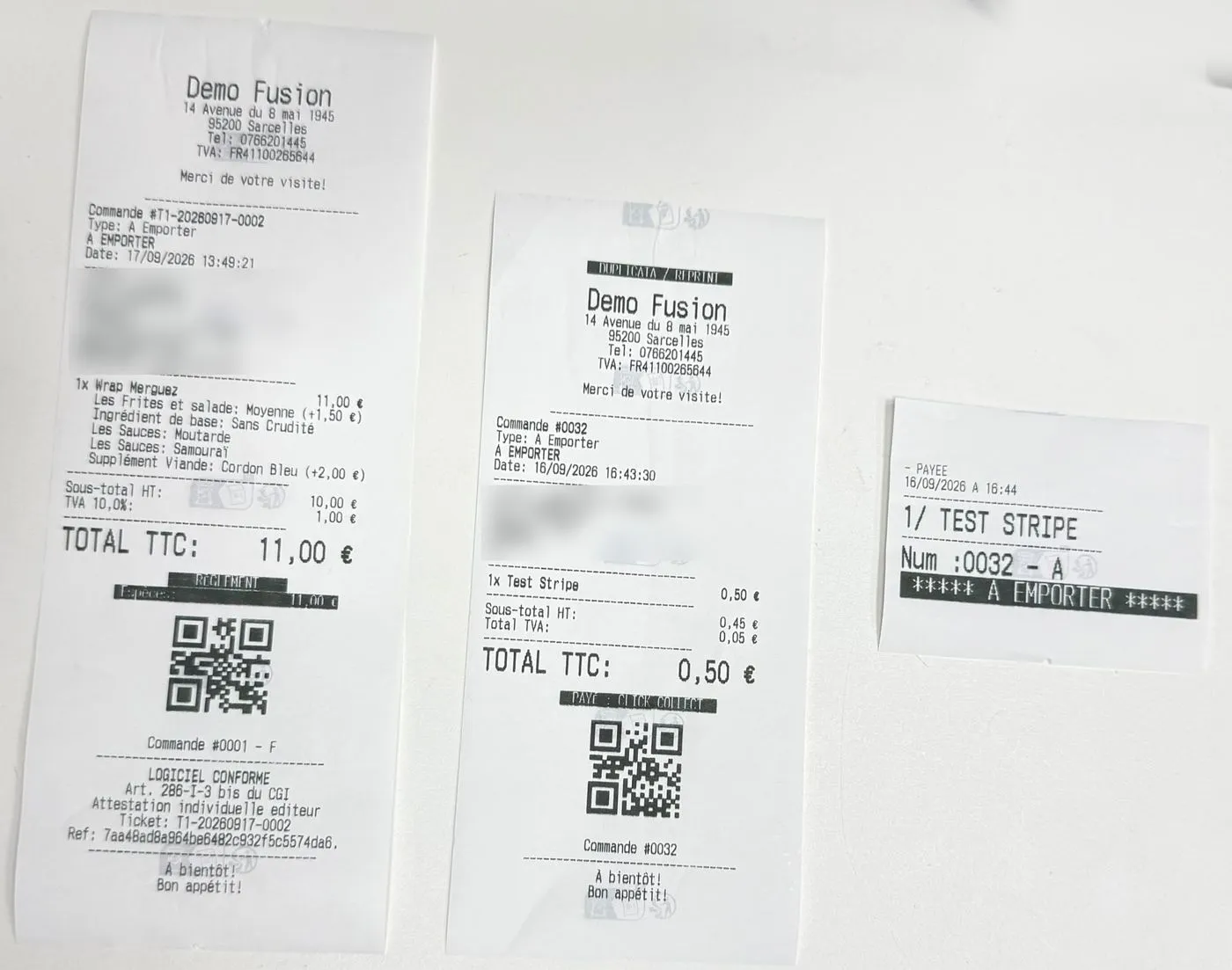 Tickets réels imprimés par Fusion : ticket de caisse, duplicata Click & Collect et ticket cuisine.